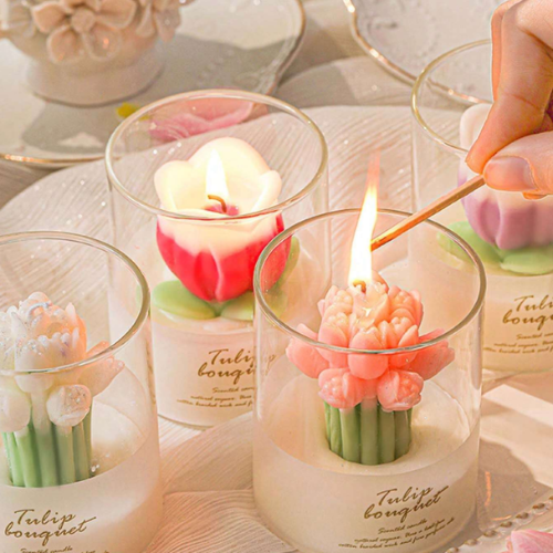 Tulip Flower Shaped Molded Scented Candle Set - Free-Standing Decorative Wax Pillar
