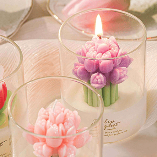 Tulip Flower Shaped Molded Scented Candle Set - Free-Standing Decorative Wax Pillar