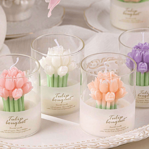 Tulip Flower Shaped Molded Scented Candle Set - Free-Standing Decorative Wax Pillar