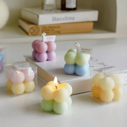 Cube Bubble Free-Standing Molded Scented Candle - Decorative Geometric Soy-Paraffin Wax Blend