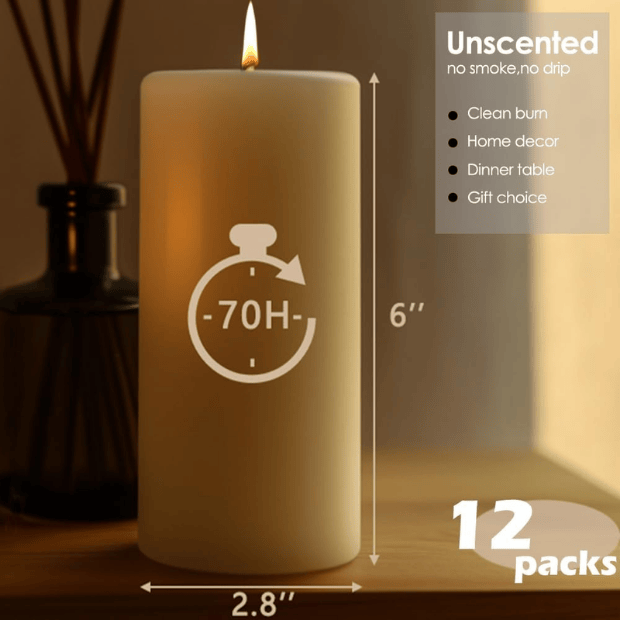 12-Pack Large Ivory Pillar Candles
