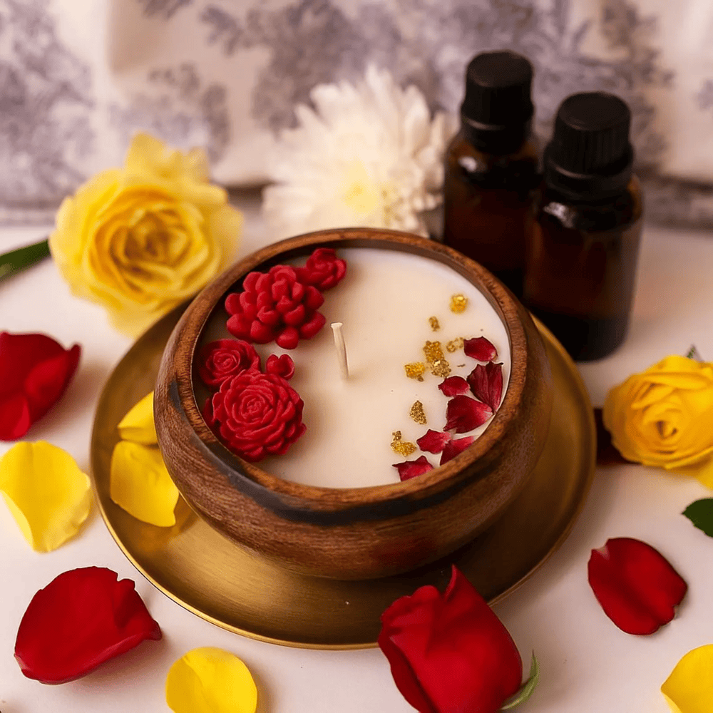 Rose Scented Hand-Carved Wooden Dough Bowl Candle - Multi-Wick 3D Floral Wax Inlays