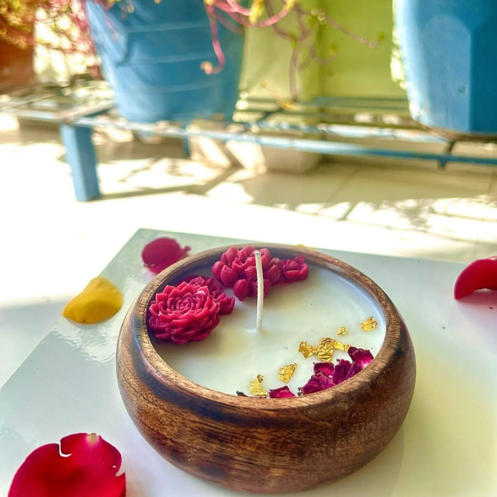 Rose Scented Hand-Carved Wooden Dough Bowl Candle - Multi-Wick 3D Floral Wax Inlays