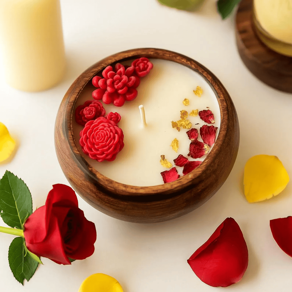 Rose Scented Hand-Carved Wooden Dough Bowl Candle - Multi-Wick 3D Floral Wax Inlays