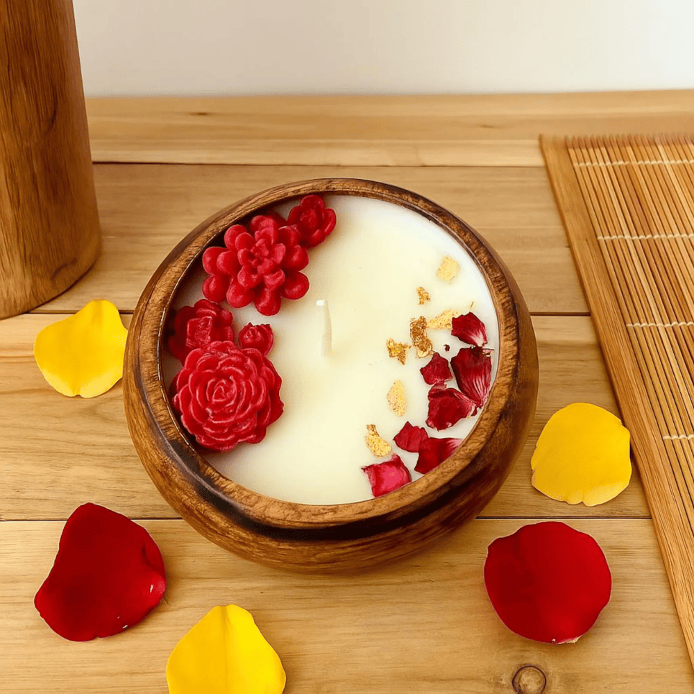 Rose Scented Hand-Carved Wooden Dough Bowl Candle - Multi-Wick 3D Floral Wax Inlays