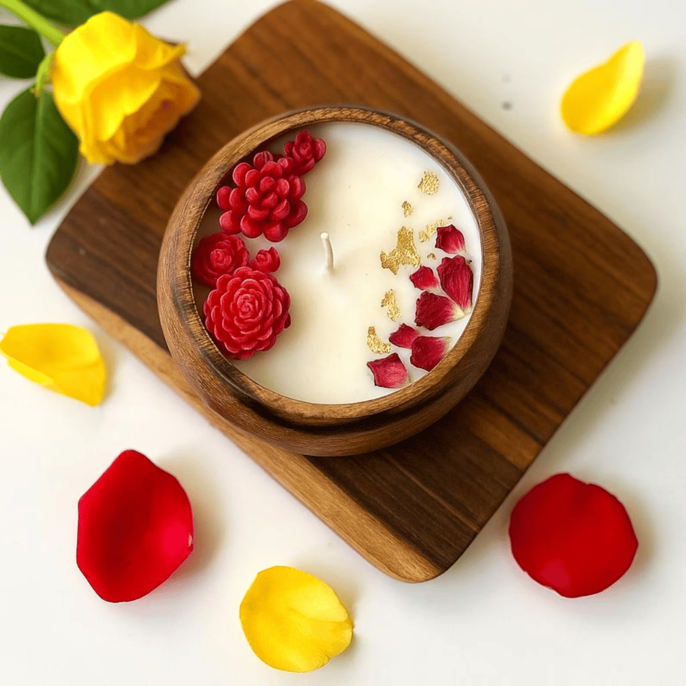 Rose Scented Hand-Carved Wooden Dough Bowl Candle - Multi-Wick 3D Floral Wax Inlays