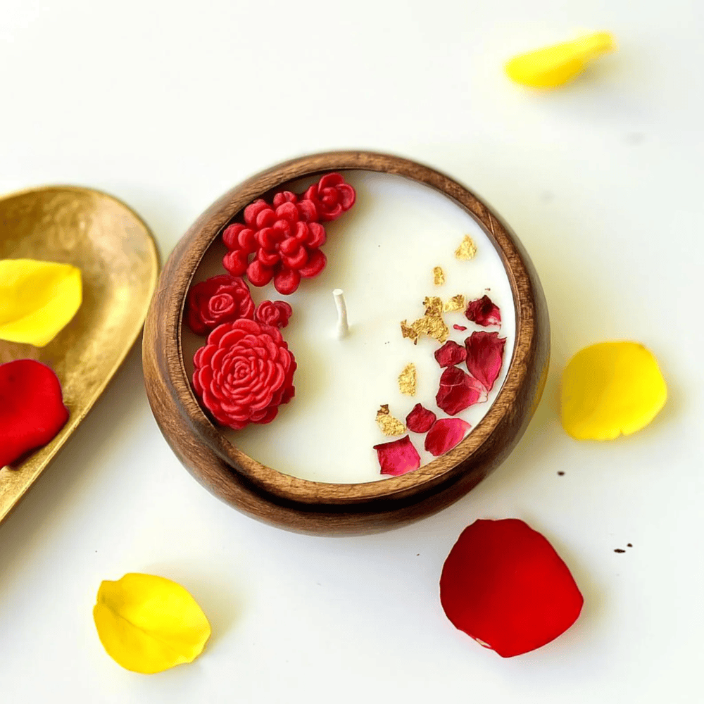Rose Scented Hand-Carved Wooden Dough Bowl Candle - Multi-Wick 3D Floral Wax Inlays
