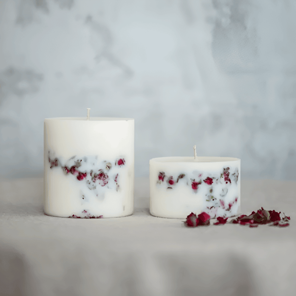 Rose Scented Botanical Soy Wax Pillar Candle - Real Dried Floral Inlays