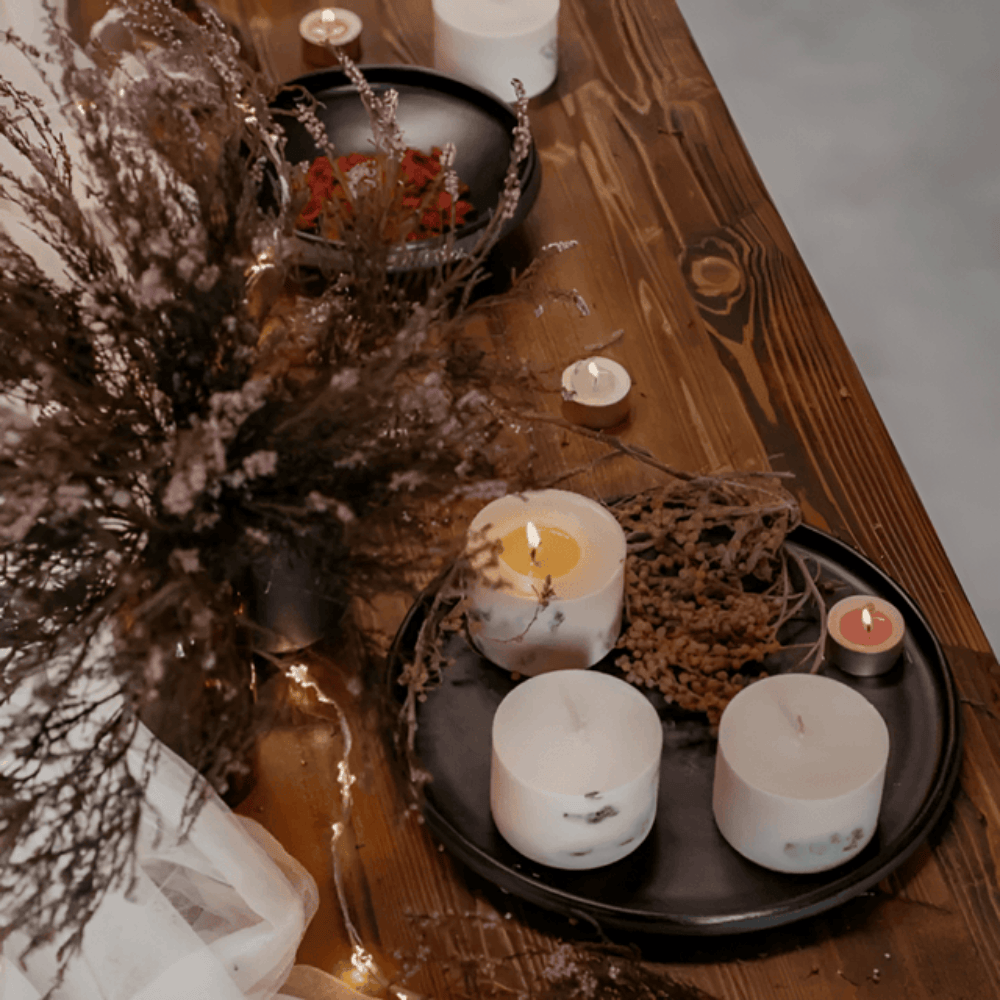 Rose Scented Botanical Soy Wax Pillar Candle - Real Dried Floral Inlays