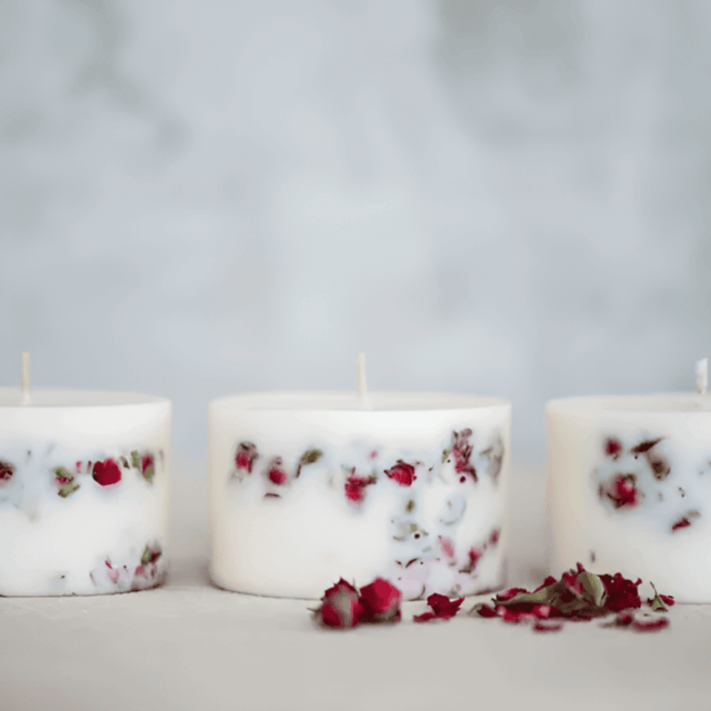 Rose Scented Botanical Soy Wax Pillar Candle - Real Dried Floral Inlays