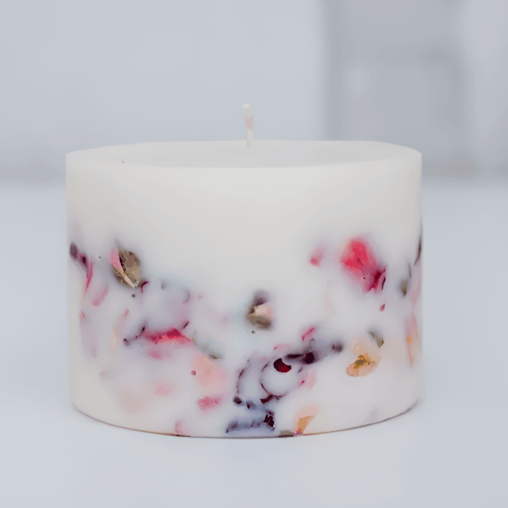 Rose Scented Botanical Soy Wax Pillar Candle - Real Dried Floral Inlays