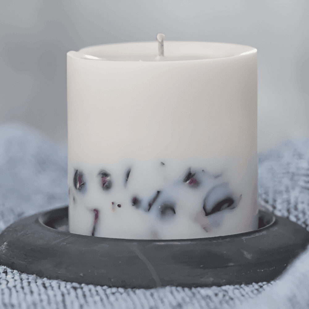 Rose Scented Botanical Soy Wax Pillar Candle - Real Dried Floral Inlays