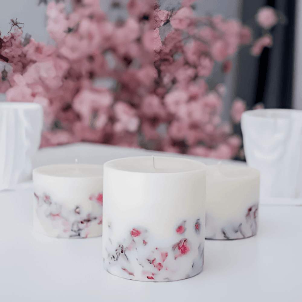 Rose Scented Botanical Soy Wax Pillar Candle - Real Dried Floral Inlays