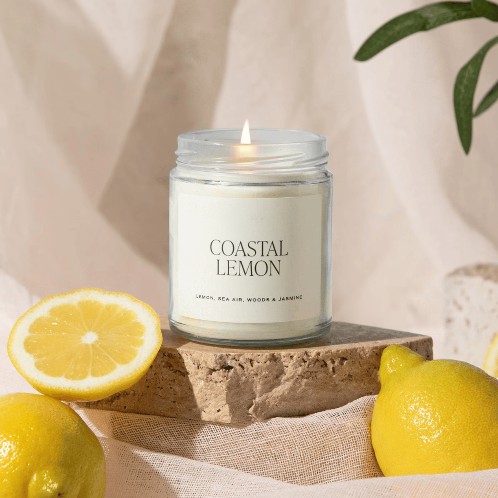 Lemon Zest & Sea Salt Scented Soy Wax Candle - Clear Glass Jar with Cotton Wick