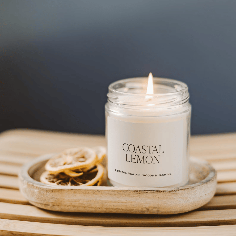 Lemon Zest & Sea Salt Scented Soy Wax Candle - Clear Glass Jar with Cotton Wick