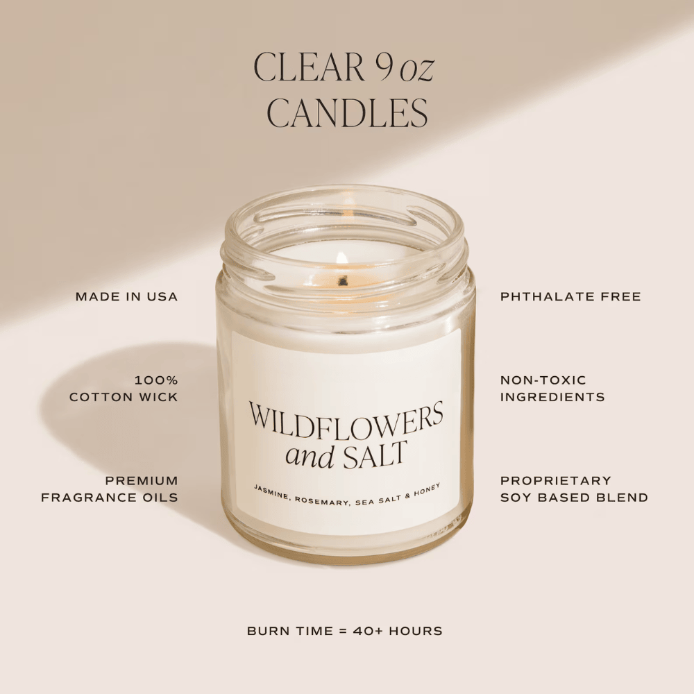 Lemon Zest & Sea Salt Scented Soy Wax Candle - Clear Glass Jar with Cotton Wick