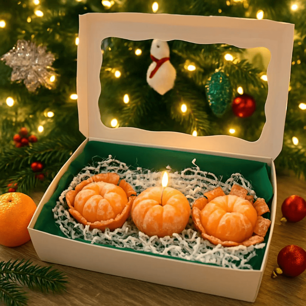 Mandarin Citrus Scented Molded Soy-Beeswax Pillar Candles - 3-Piece Fruit Shape Set