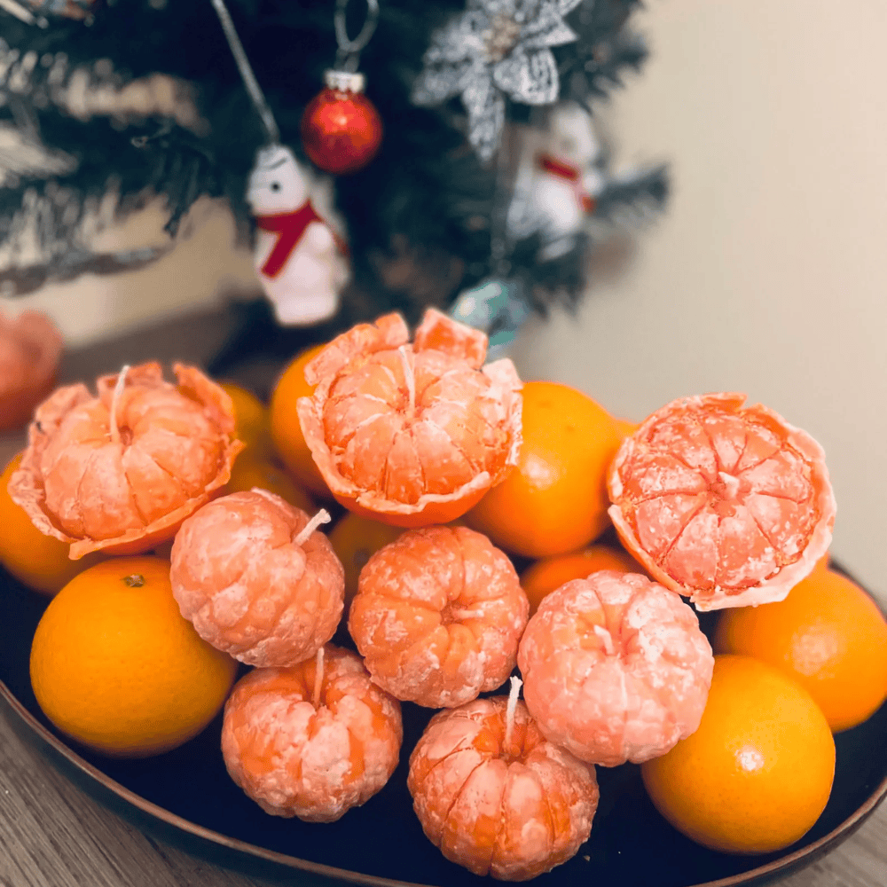 Mandarin Citrus Scented Molded Soy-Beeswax Pillar Candles - 3-Piece Fruit Shape Set