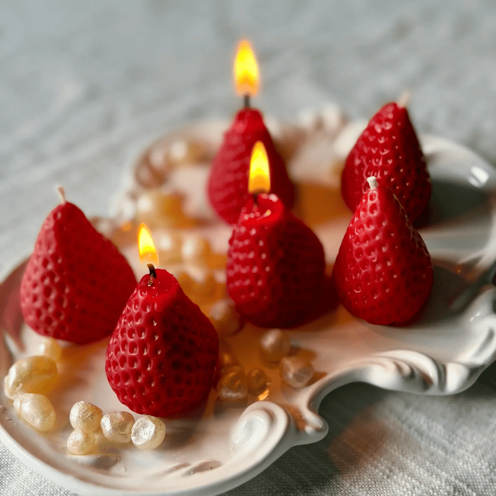 Red Strawberry Fruit Shaped Beeswax Candles - Unscented Molded Pillar Set