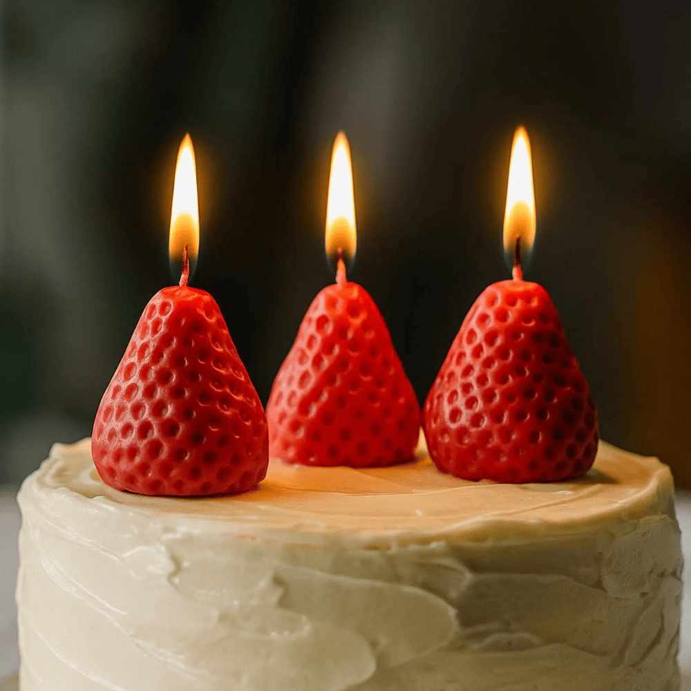 Red Strawberry Fruit Shaped Beeswax Candles - Unscented Molded Pillar Set