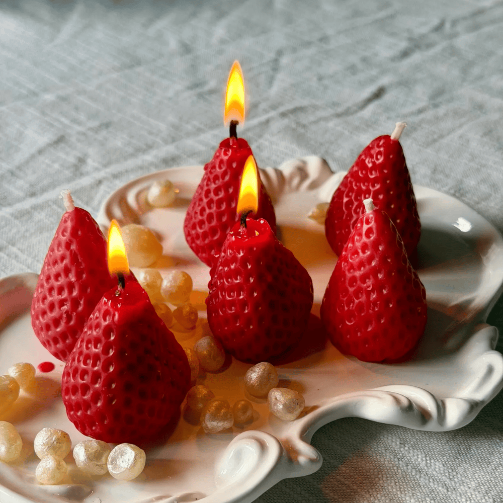 Red Strawberry Fruit Shaped Beeswax Candles - Unscented Molded Pillar Set