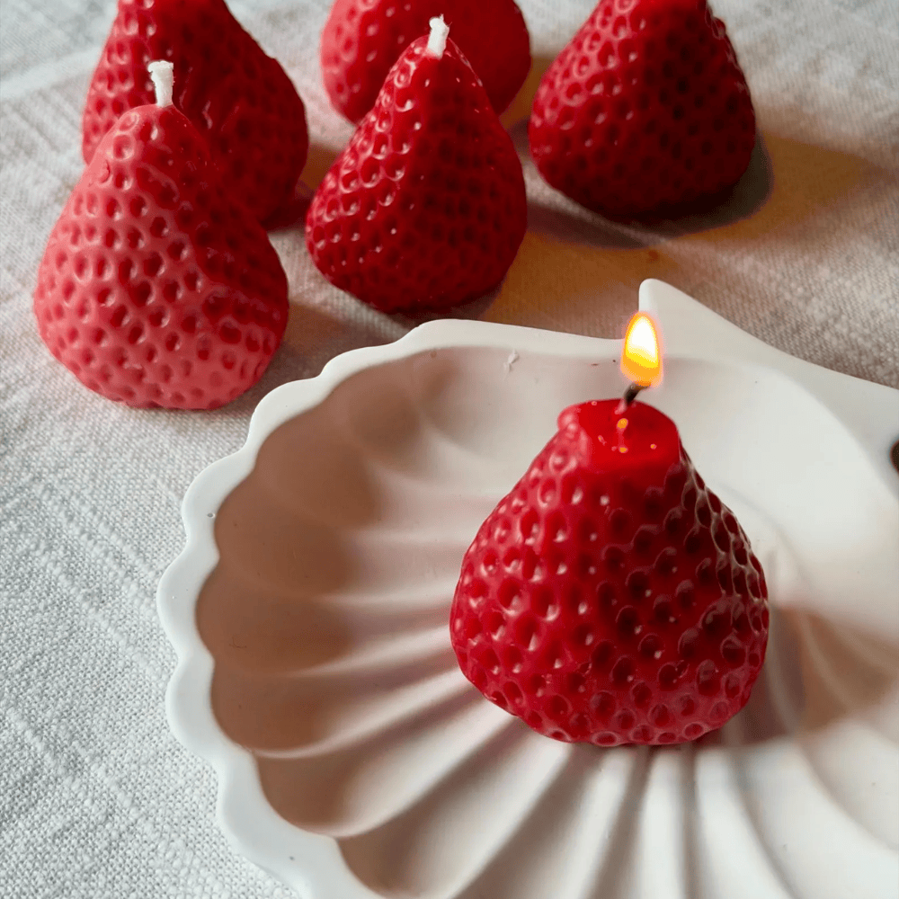 Red Strawberry Fruit Shaped Beeswax Candles - Unscented Molded Pillar Set