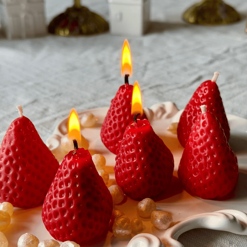 Red Strawberry Fruit Shaped Beeswax Candles - Unscented Molded Pillar Set
