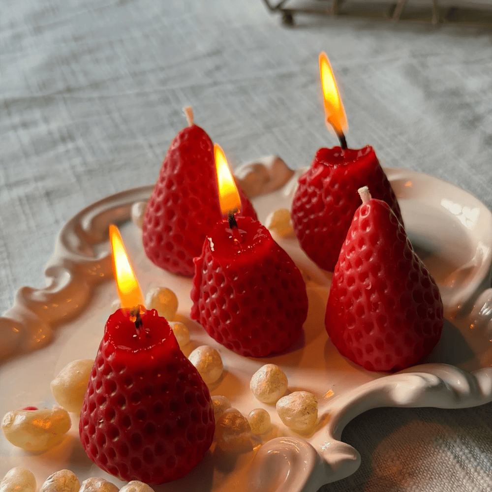 Red Strawberry Fruit Shaped Beeswax Candles - Unscented Molded Pillar Set