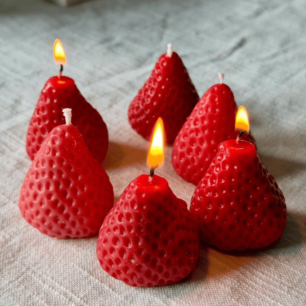 Red Strawberry Fruit Shaped Beeswax Candles - Unscented Molded Pillar Set