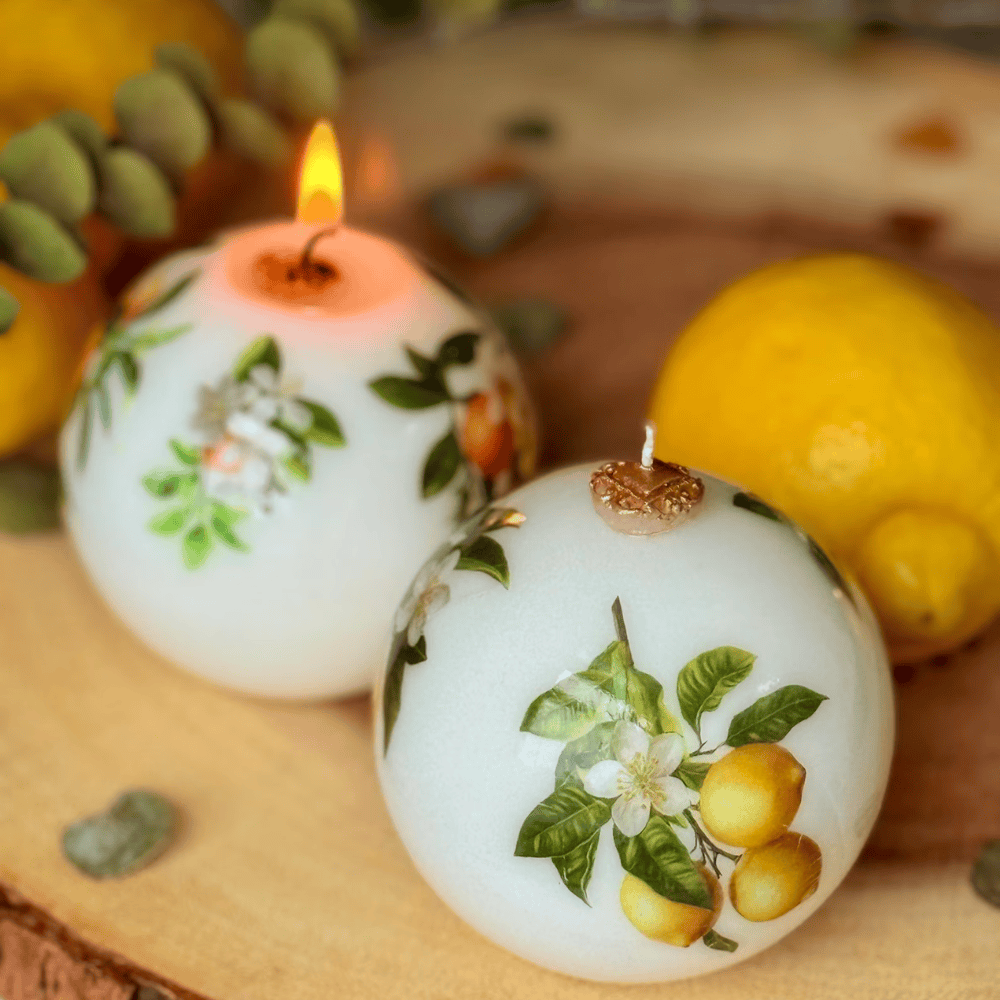 Lemon & Orange Patterned Pillar Candle - Unscented Soy & Beeswax Blend