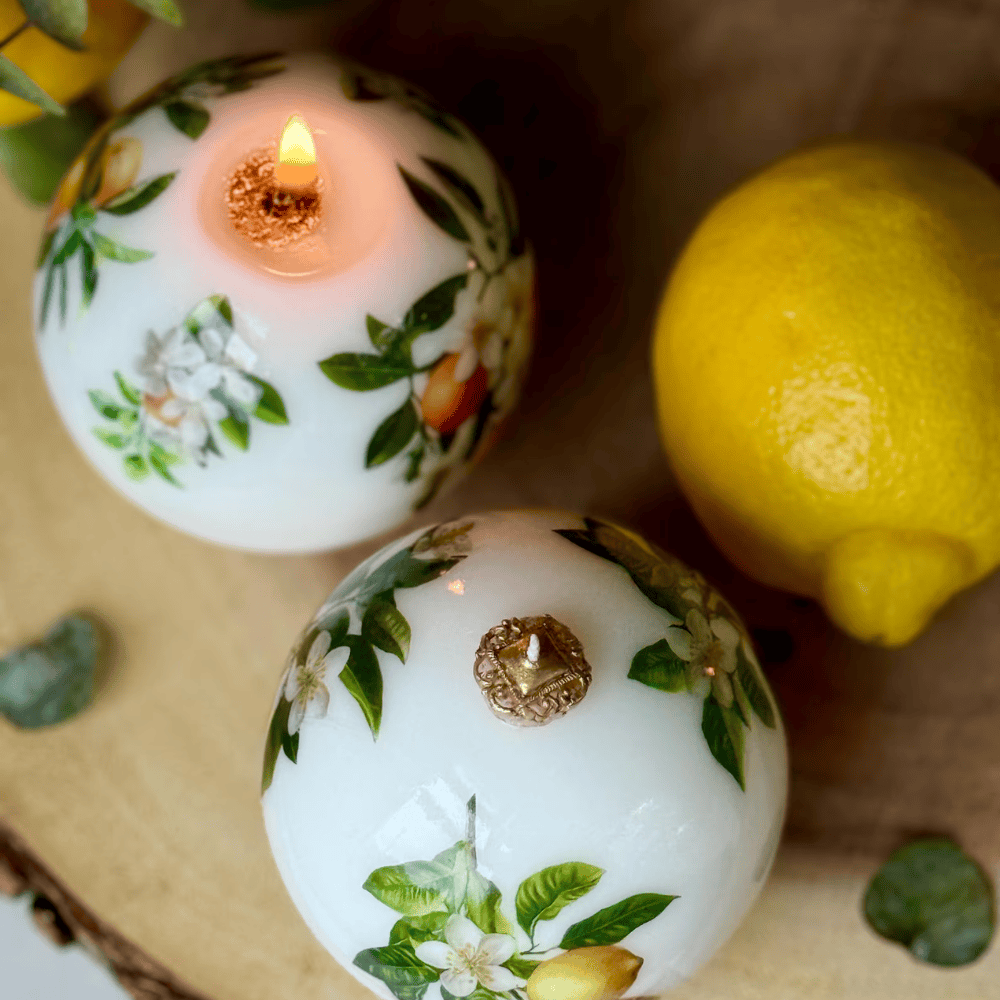 Lemon & Orange Patterned Pillar Candle - Unscented Soy & Beeswax Blend