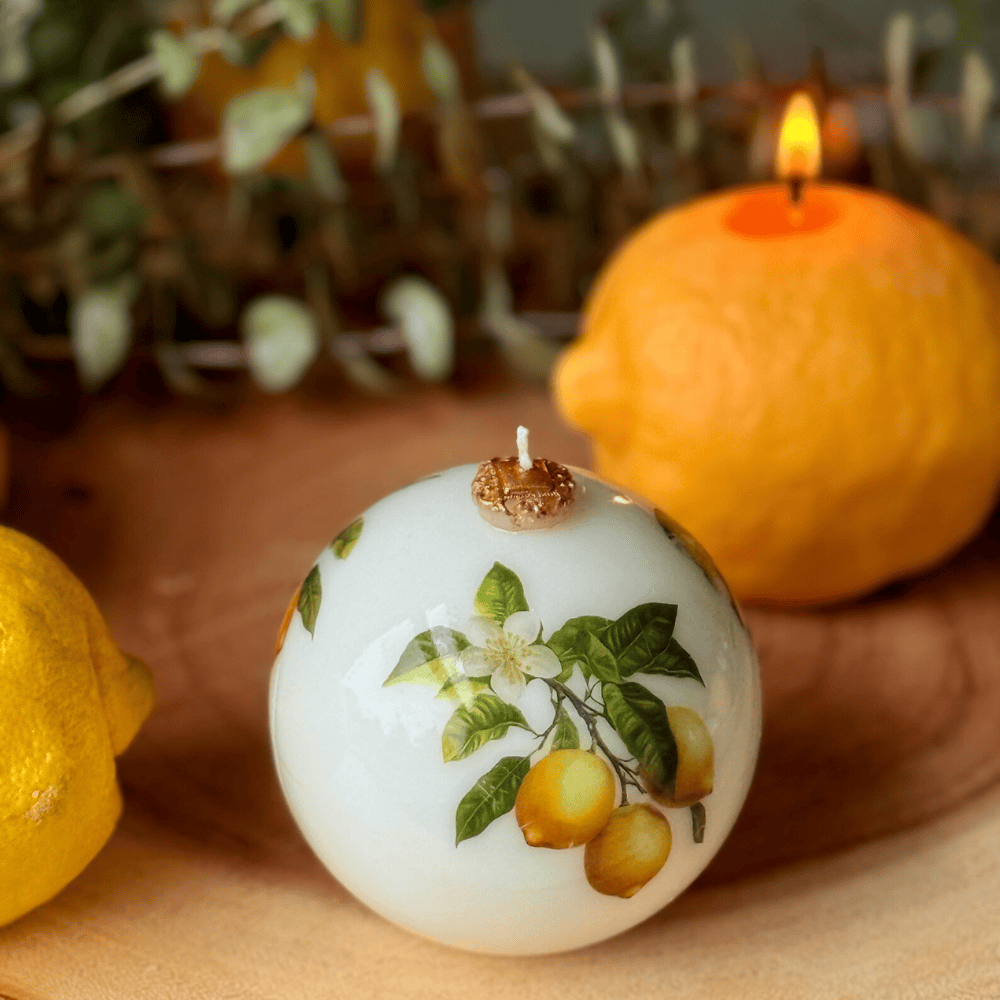 Lemon & Orange Patterned Pillar Candle - Unscented Soy & Beeswax Blend