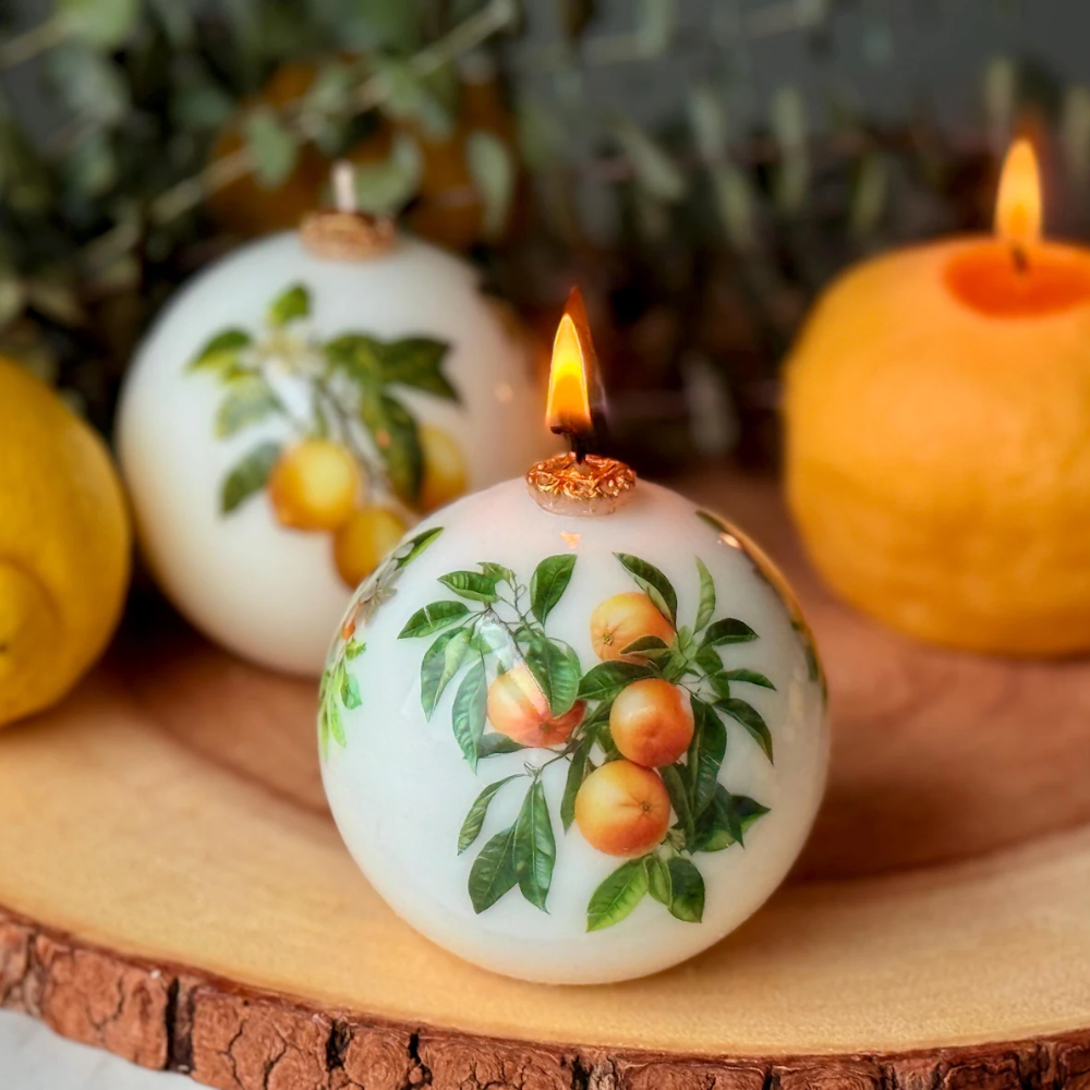 Lemon & Orange Patterned Pillar Candle - Unscented Soy & Beeswax Blend