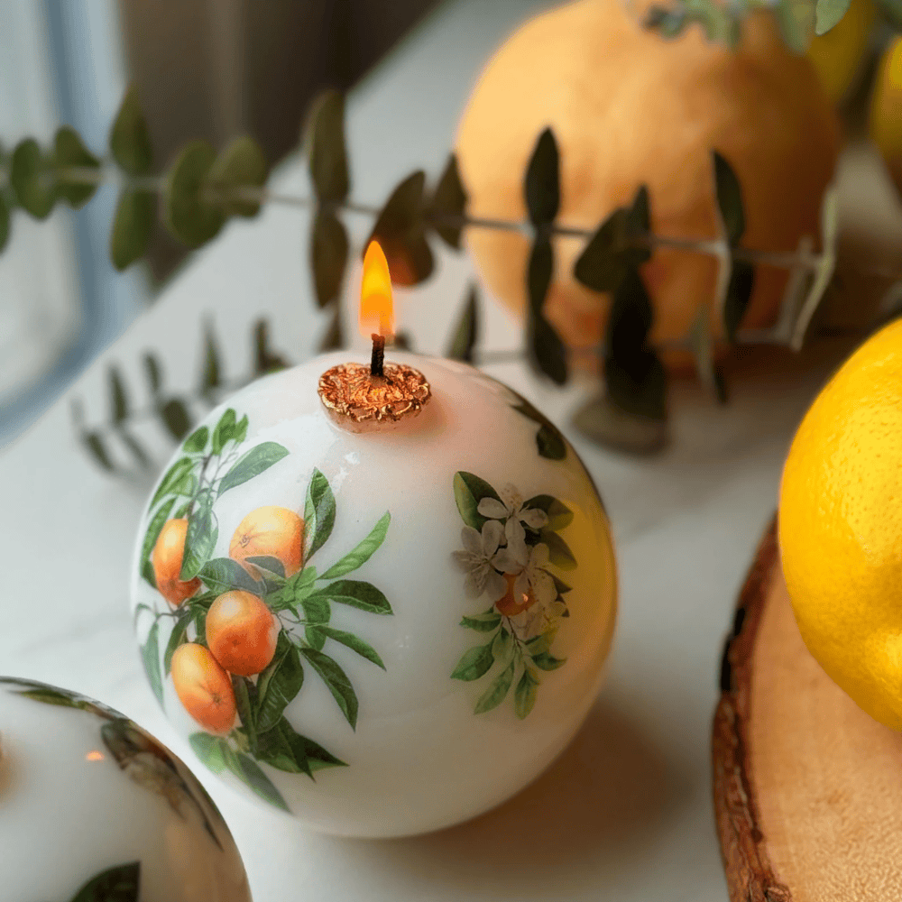 Lemon & Orange Patterned Pillar Candle - Unscented Soy & Beeswax Blend