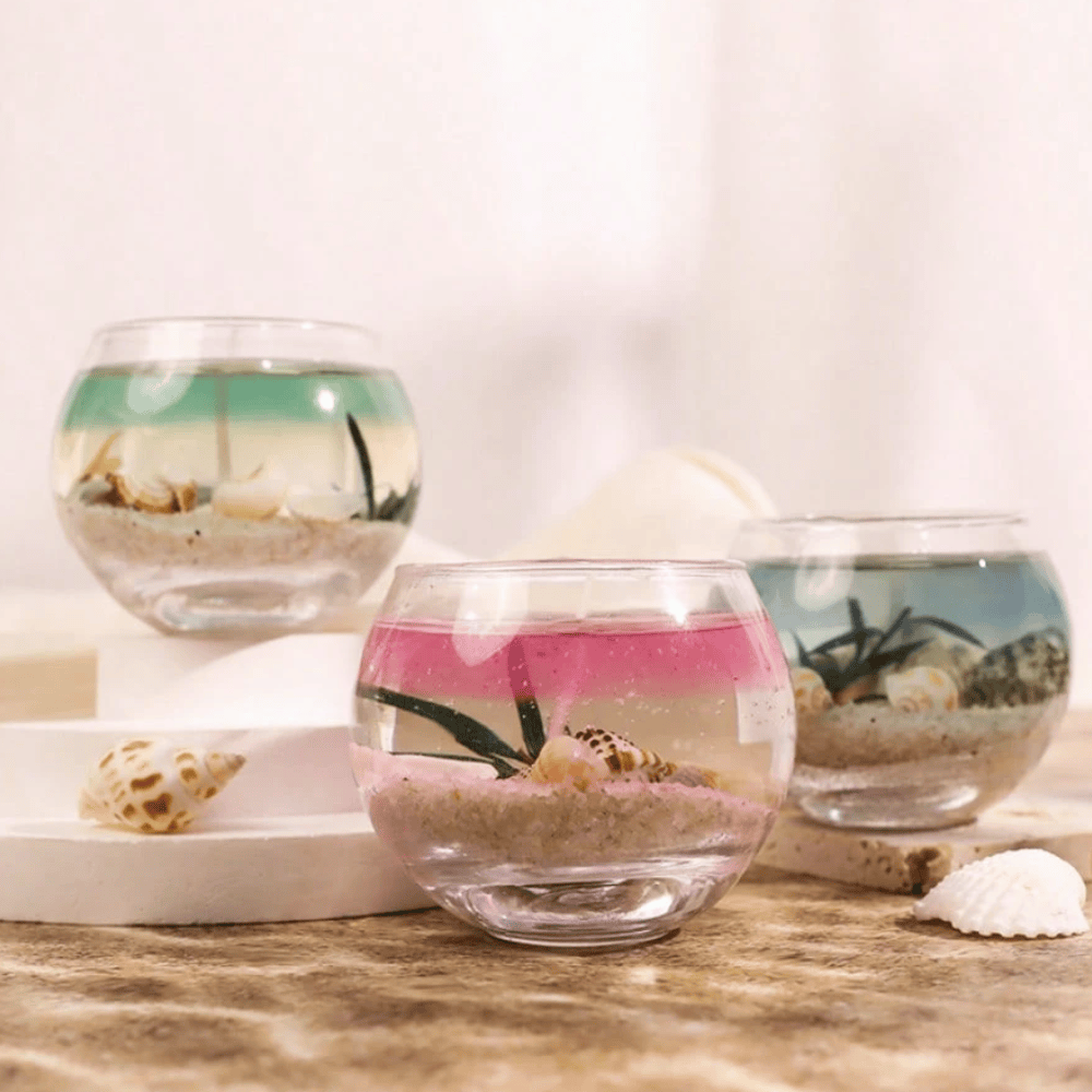 Ocean Marine Life Transparent Gel Wax Candle - Glass Vessel with Embedded Seashells & Starfish