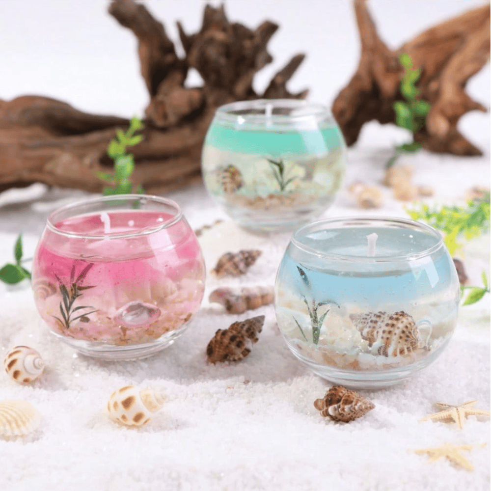 Ocean Marine Life Transparent Gel Wax Candle - Glass Vessel with Embedded Seashells & Starfish