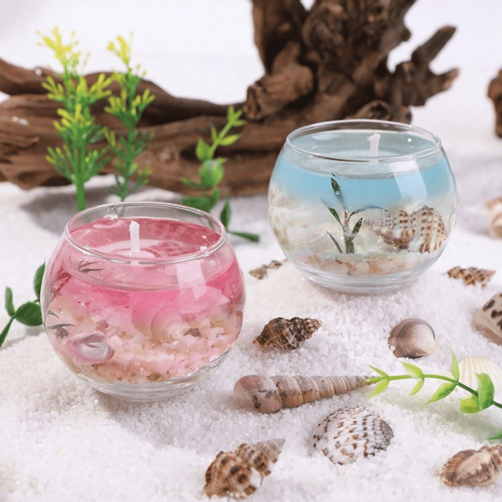 Ocean Marine Life Transparent Gel Wax Candle - Glass Vessel with Embedded Seashells & Starfish