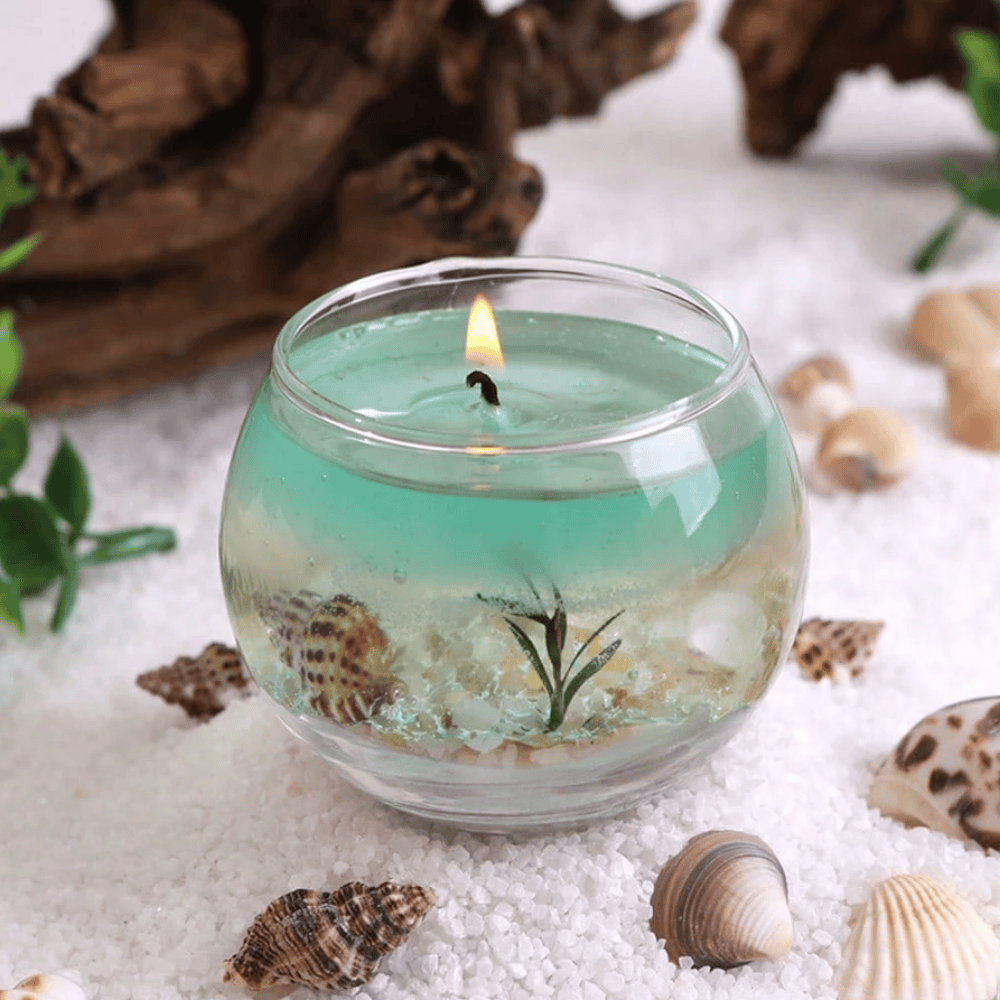 Ocean Marine Life Transparent Gel Wax Candle - Glass Vessel with Embedded Seashells & Starfish