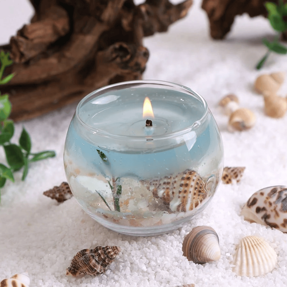 Ocean Marine Life Transparent Gel Wax Candle - Glass Vessel with Embedded Seashells & Starfish