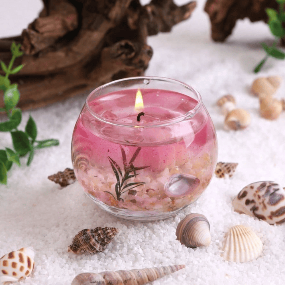Ocean Marine Life Transparent Gel Wax Candle - Glass Vessel with Embedded Seashells & Starfish
