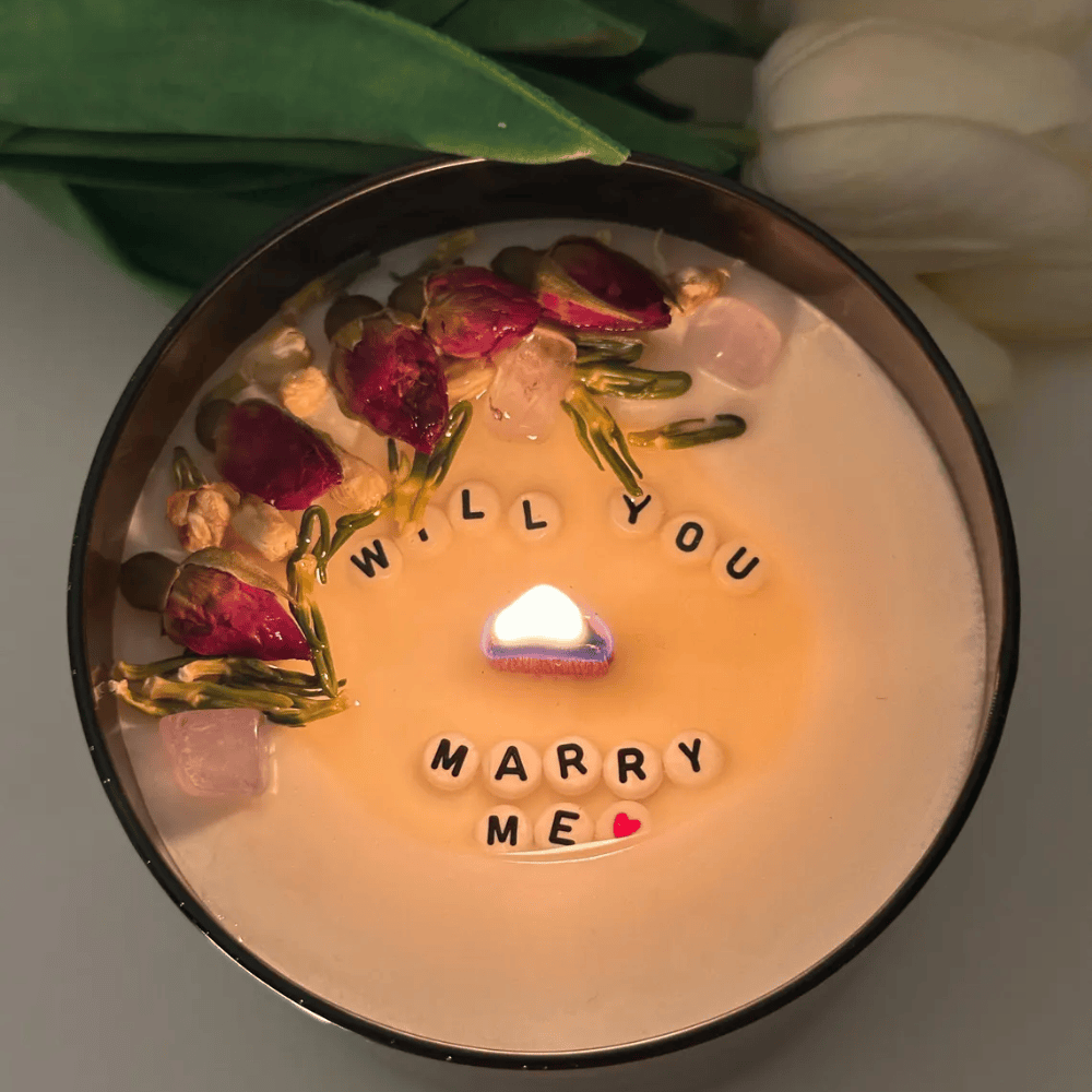 Custom Hidden Message Soy Wax Candle - Amber Glass Jar with Wood Wick & Dried Flowers (17oz / 482g)