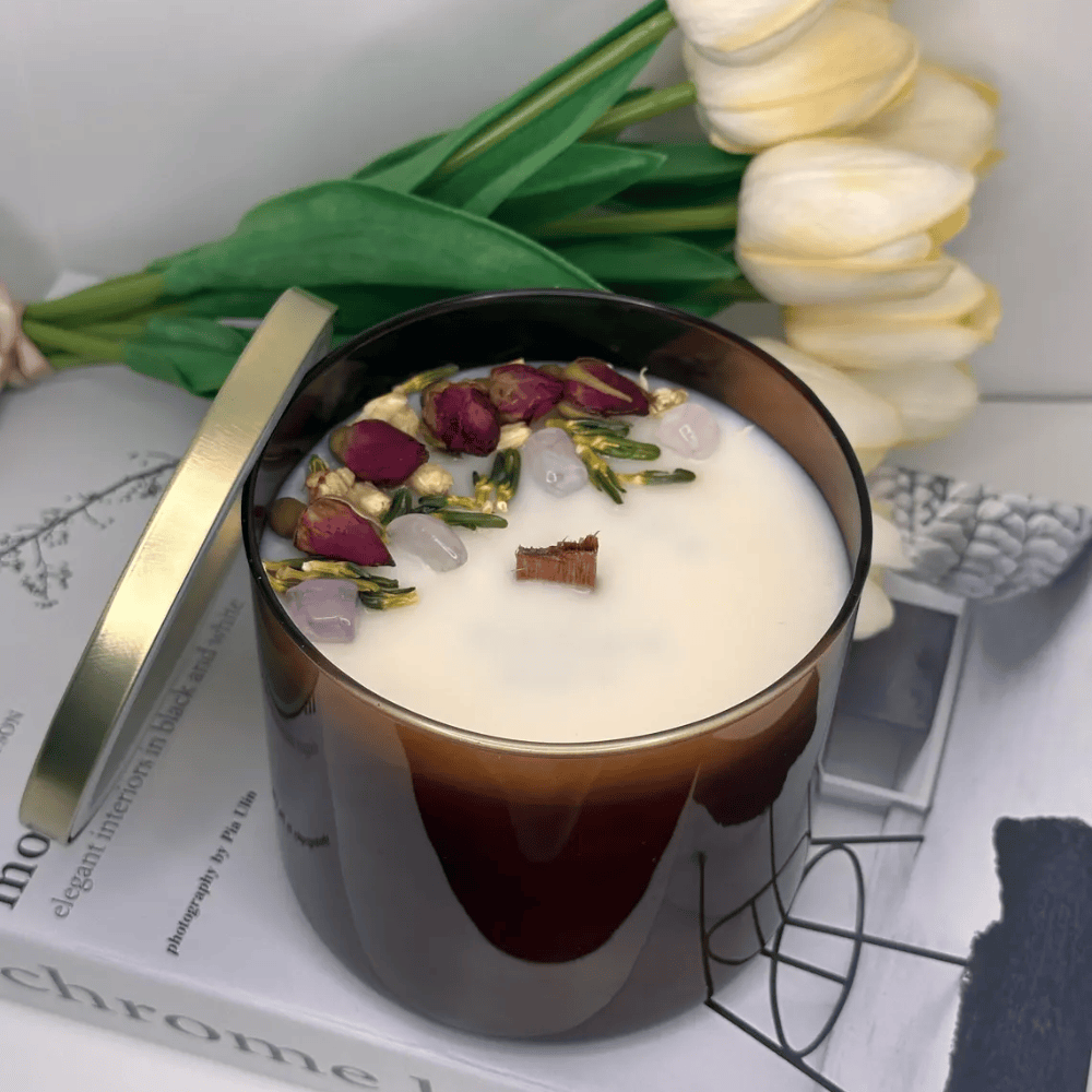 Custom Hidden Message Soy Wax Candle - Amber Glass Jar with Wood Wick & Dried Flowers (17oz / 482g)