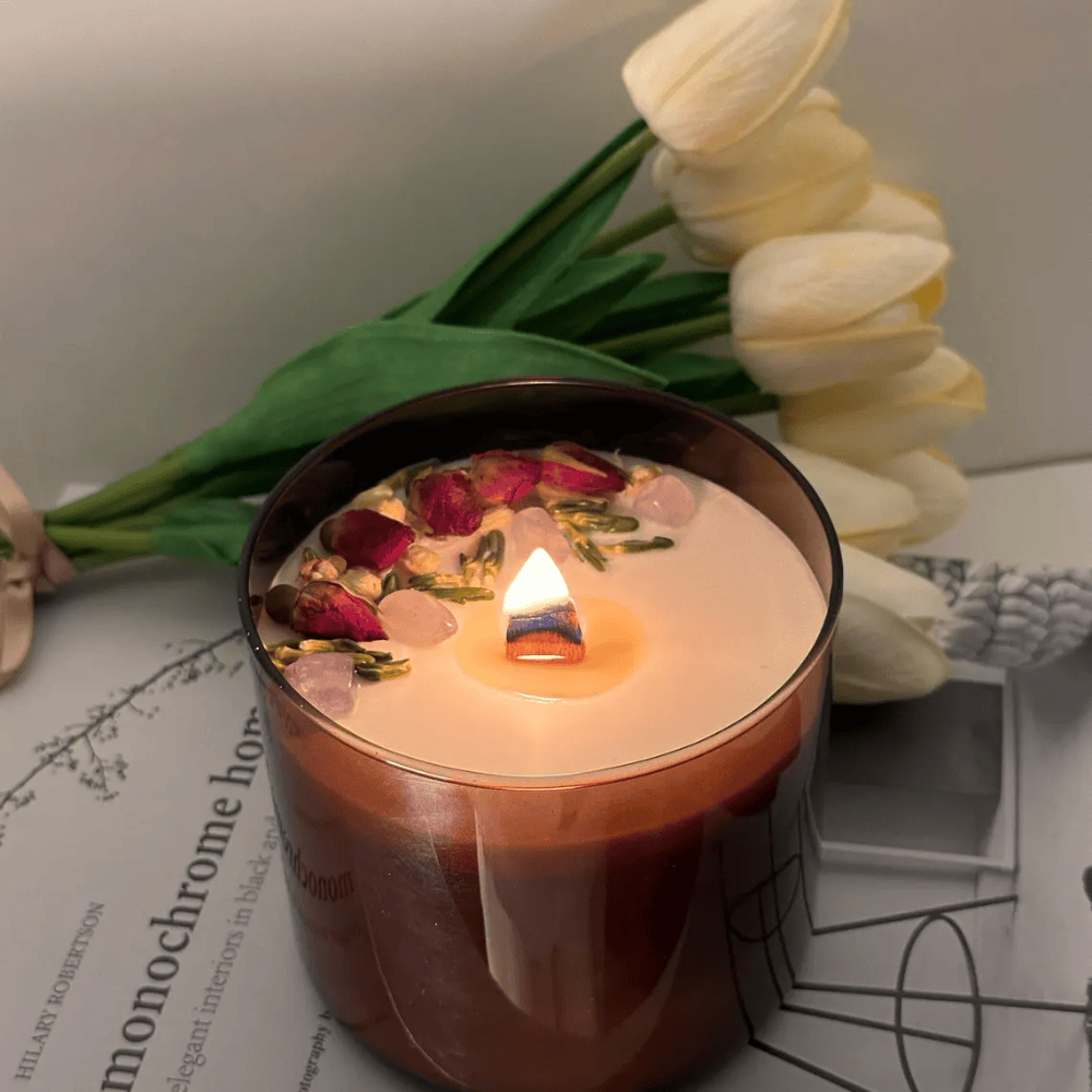 Custom Hidden Message Soy Wax Candle - Amber Glass Jar with Wood Wick & Dried Flowers (17oz / 482g)