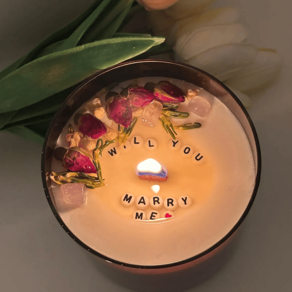 Custom Hidden Message Soy Wax Candle - Amber Glass Jar with Wood Wick & Dried Flowers (17oz / 482g)