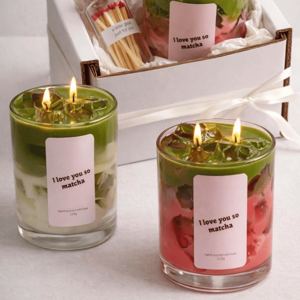 Green Tea & Vanilla Scented Soy-Gel Wax Candle Set - Dual-Wick Glass Jar (220g) with Match Jar