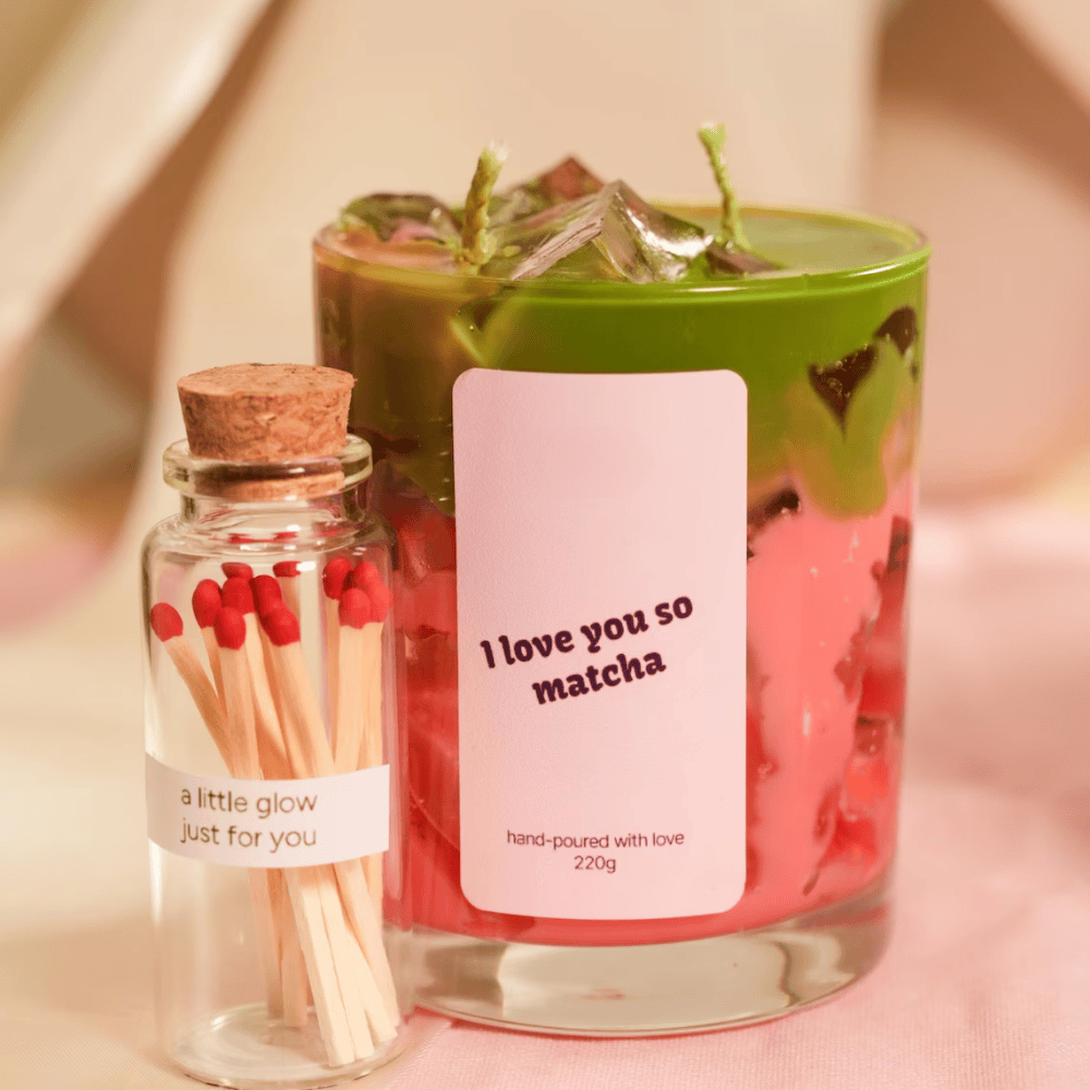 Green Tea & Vanilla Scented Soy-Gel Wax Candle Set - Dual-Wick Glass Jar (220g) with Match Jar
