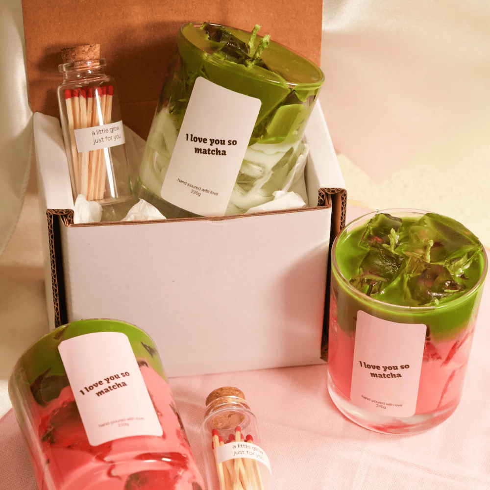 Green Tea & Vanilla Scented Soy-Gel Wax Candle Set - Dual-Wick Glass Jar (220g) with Match Jar