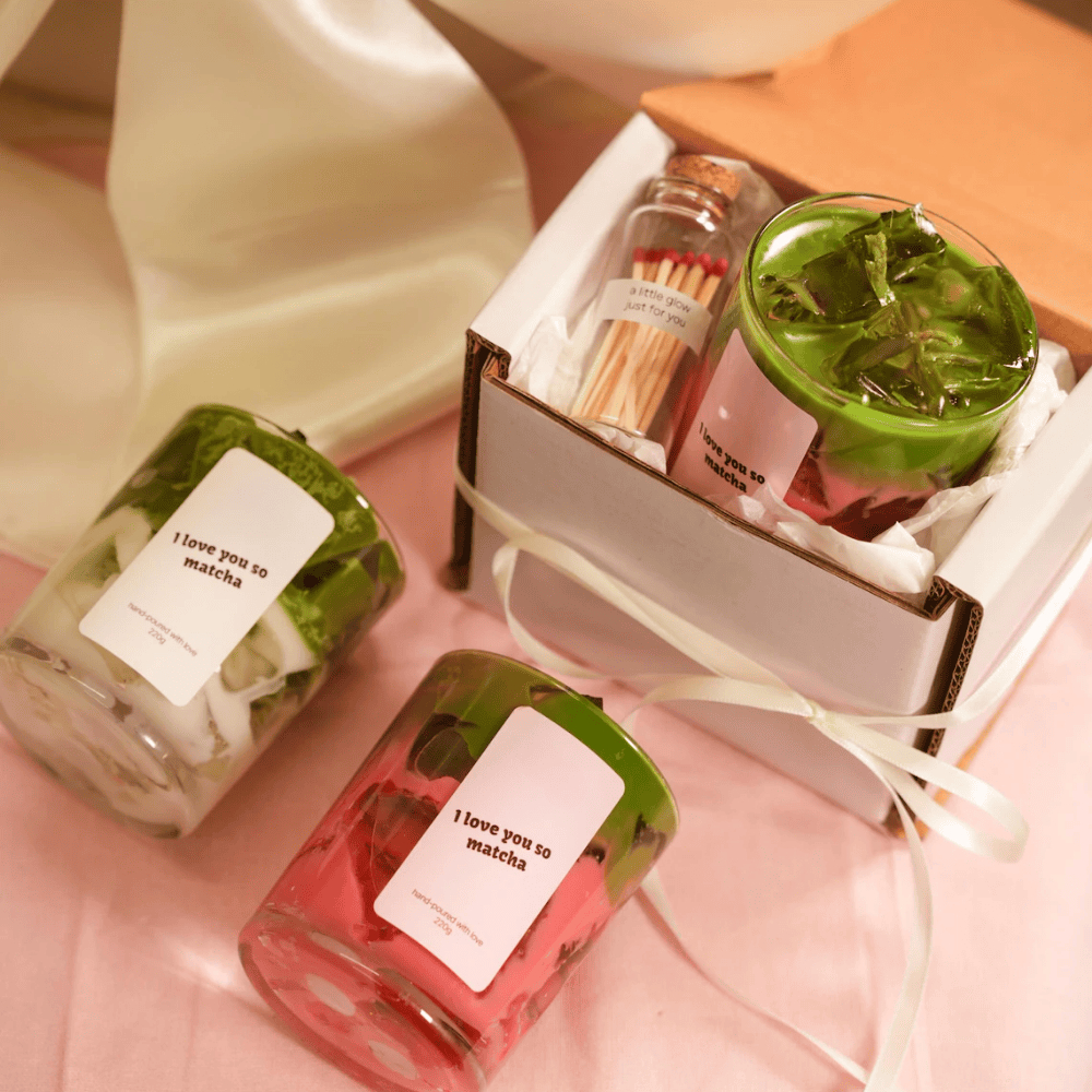 Green Tea & Vanilla Scented Soy-Gel Wax Candle Set - Dual-Wick Glass Jar (220g) with Match Jar