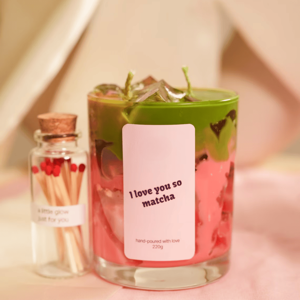 Green Tea & Vanilla Scented Soy-Gel Wax Candle Set - Dual-Wick Glass Jar (220g) with Match Jar