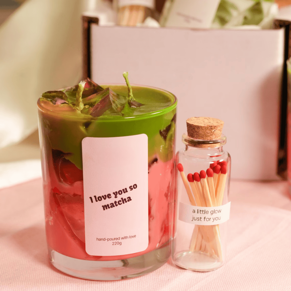 Green Tea & Vanilla Scented Soy-Gel Wax Candle Set - Dual-Wick Glass Jar (220g) with Match Jar
